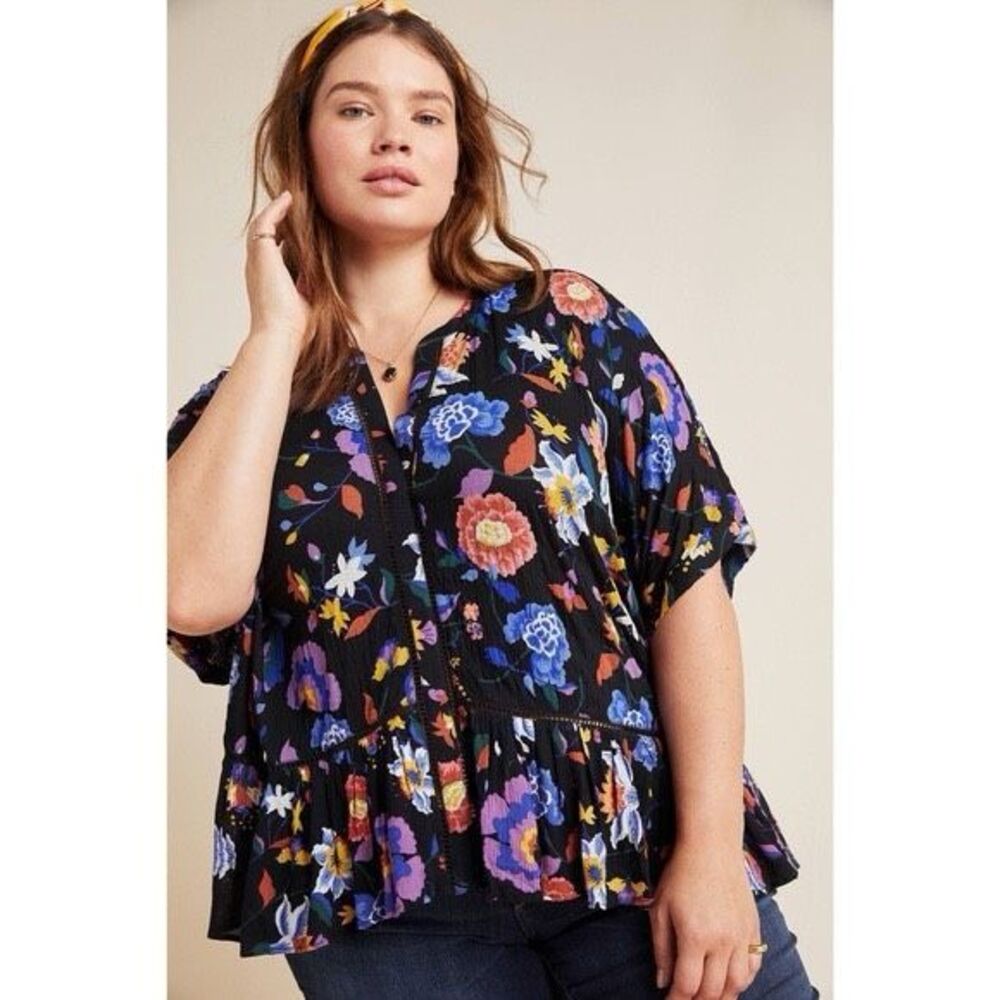 Anthropologie Josie Floral Button Front Lace Dolman-Sleeved Top Multicolor Large